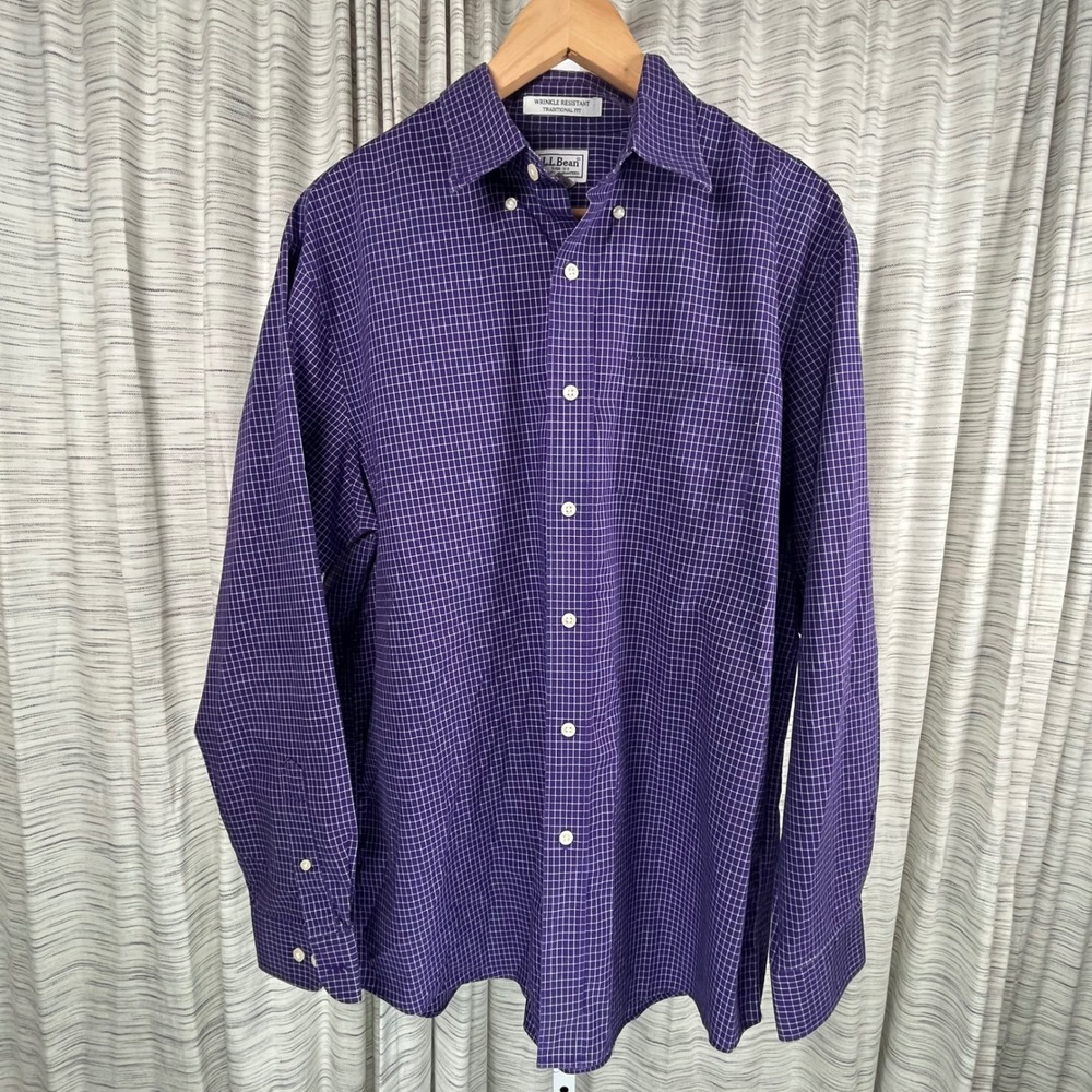 LL Bean Mens Purple Windowpane Wrinkle Resistant Traditional Shirt Large L-REG
